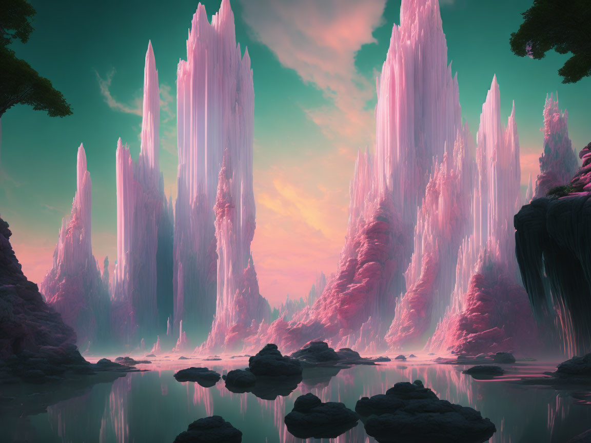 Fantastical landscape with pink crystal formations, serene waterbody, pink and teal twilight sky