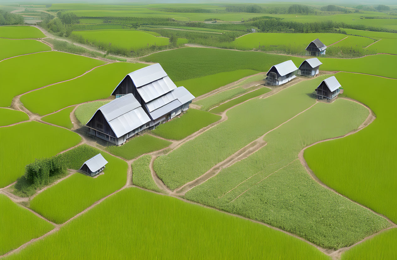 Rural landscape with green rice fields and barns