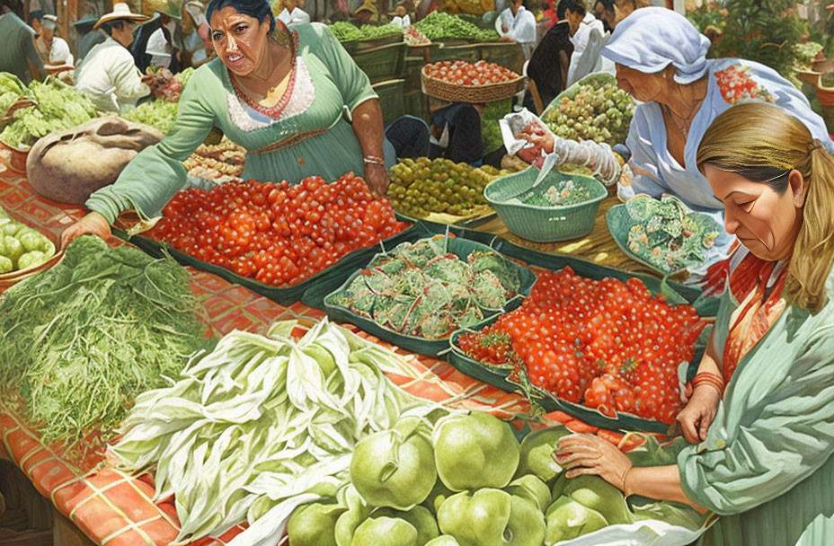 Colorful Market Scene: Fresh Vegetables and Customers browsing Produce