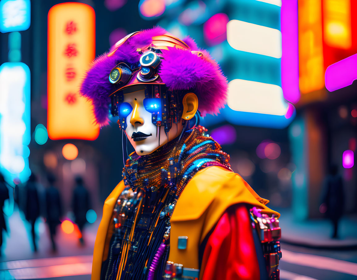 Futuristic cyberpunk character with neon-lit backdrop and vibrant attire