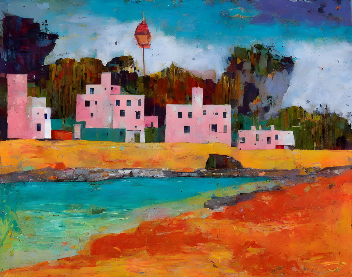 Abstract Coastal Village Painting with Pink Houses & Lighthouse