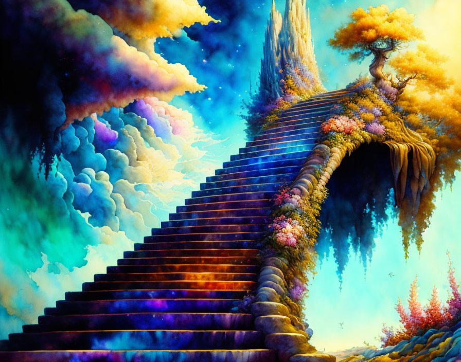 Colorful staircase rising into vibrant clouds with lush foliage and lone tree.