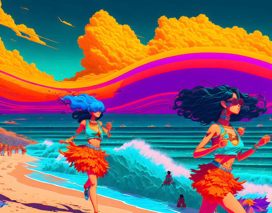 Colorful Illustration: Two Women with Blue Hair Running on Beach