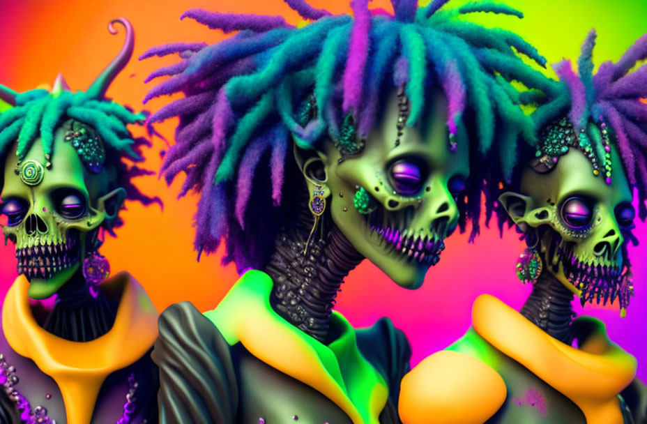 Colorful skeletal figures with purple dreadlocks and green skin on neon backdrop