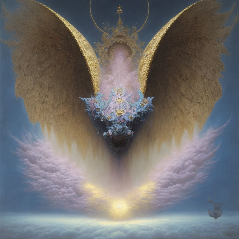 Celestial being with golden wings in surreal painting