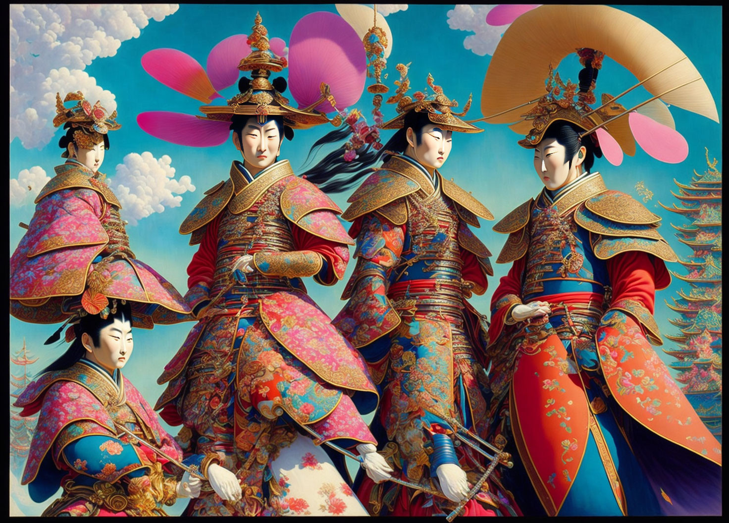 Four ornately armored figures with traditional helmets and colorful balloons against a stylized tree backdrop.