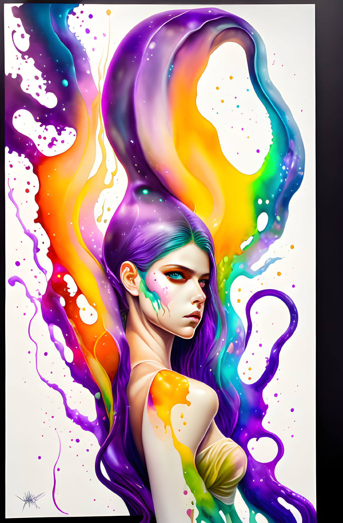 Vibrant digital illustration of woman with purple hair and green eyes