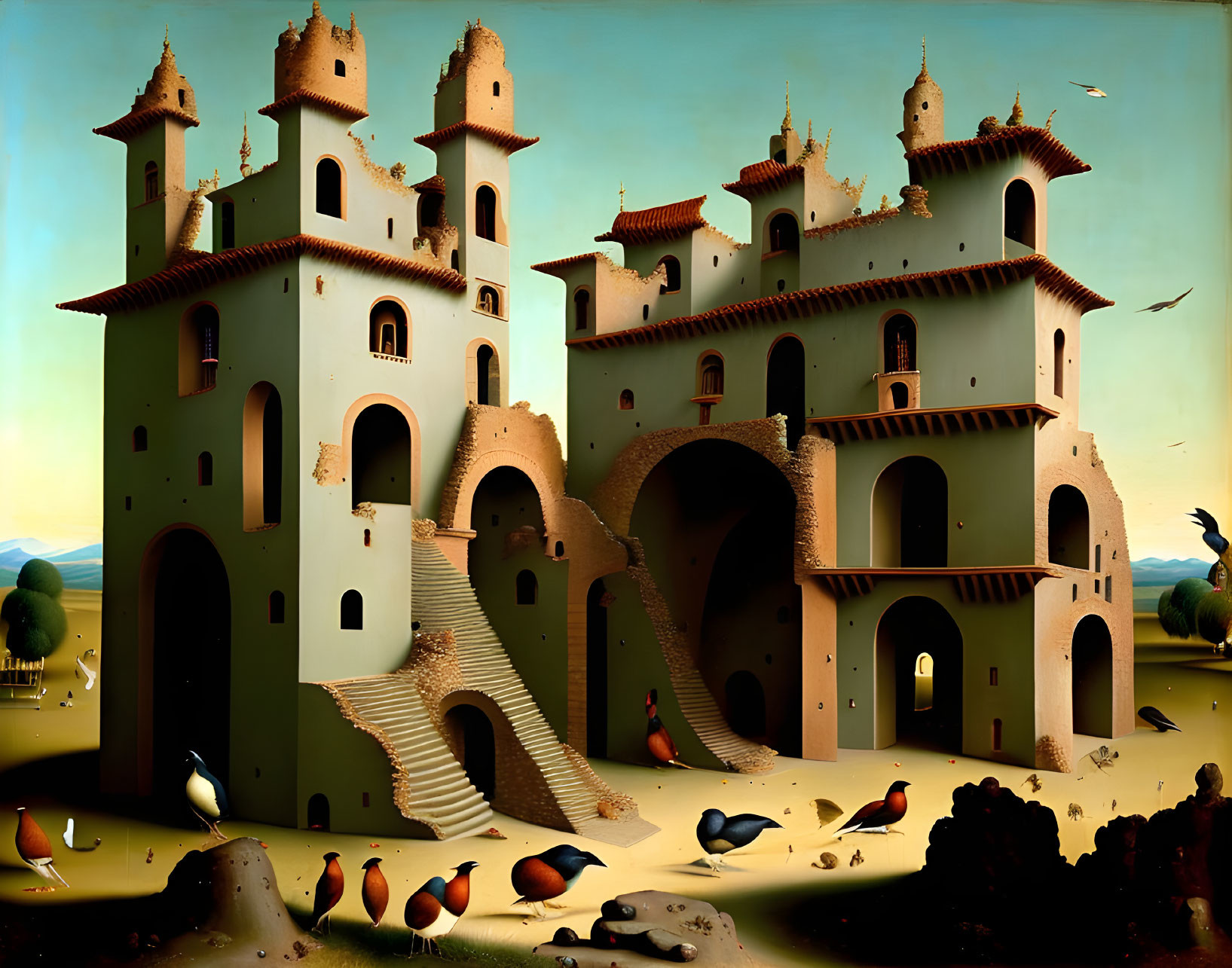 Surreal painting: Castle-like structure with oversized birds amid serene background