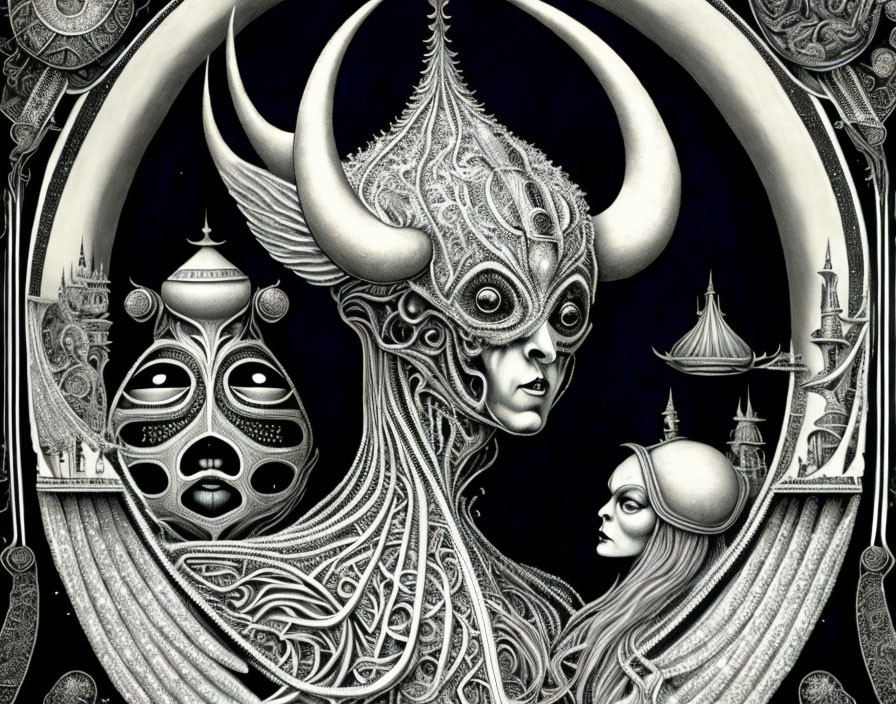 Detailed black and white fantasy art with elaborate masks and architectural setting