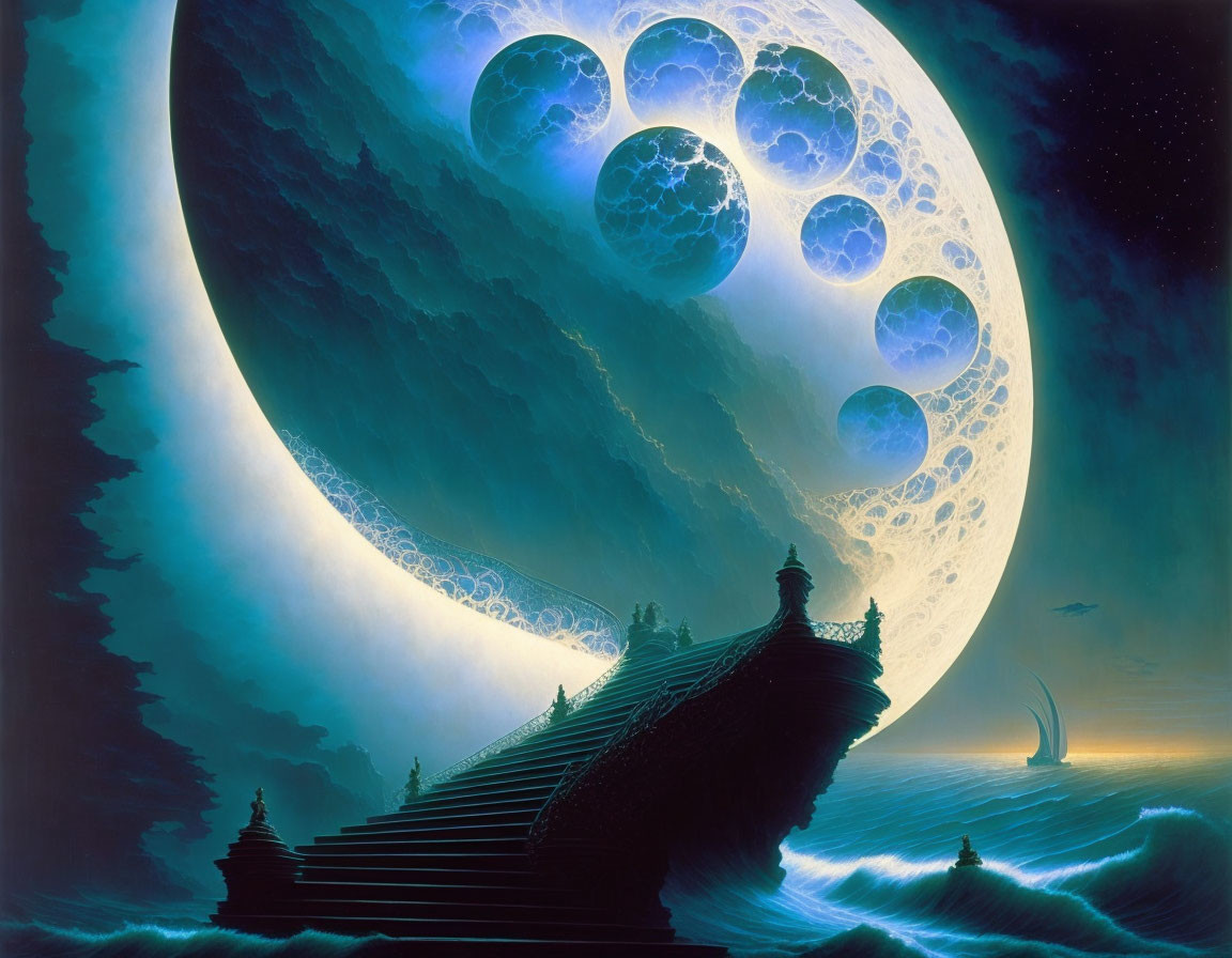 Fantastical landscape with giant moon, sailing ship, stairs, and starry sky