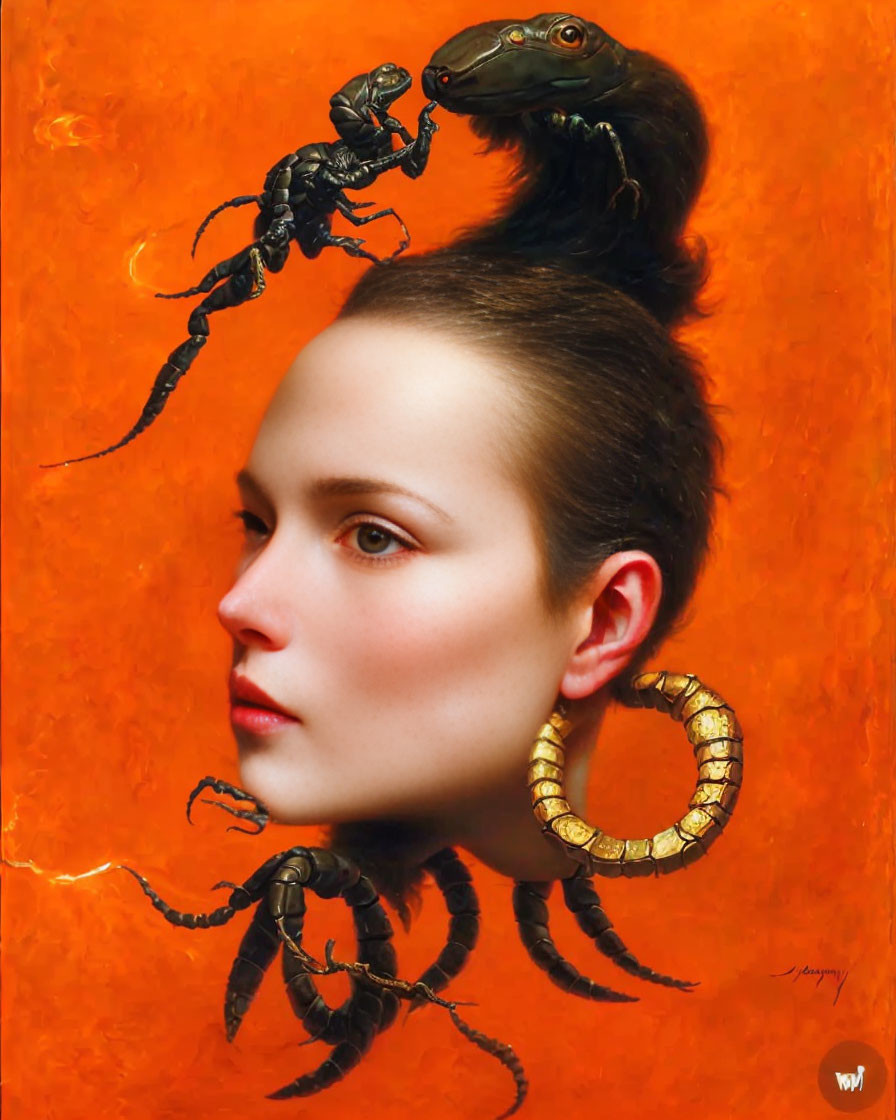 Digital artwork featuring woman's profile merged with scorpion and serpent elements on warm orange backdrop