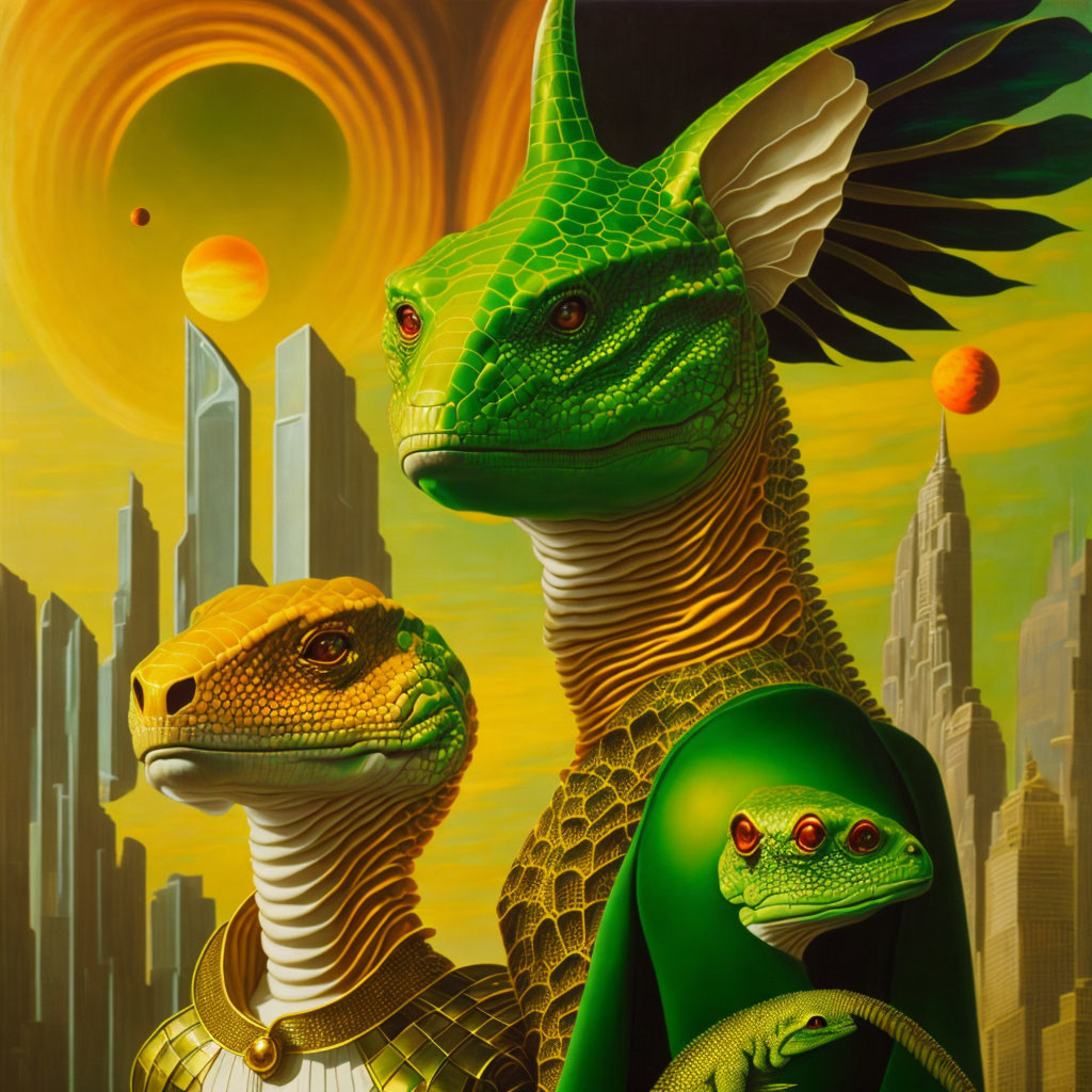 Futuristic anthropomorphic reptiles in cityscape with sun and planets