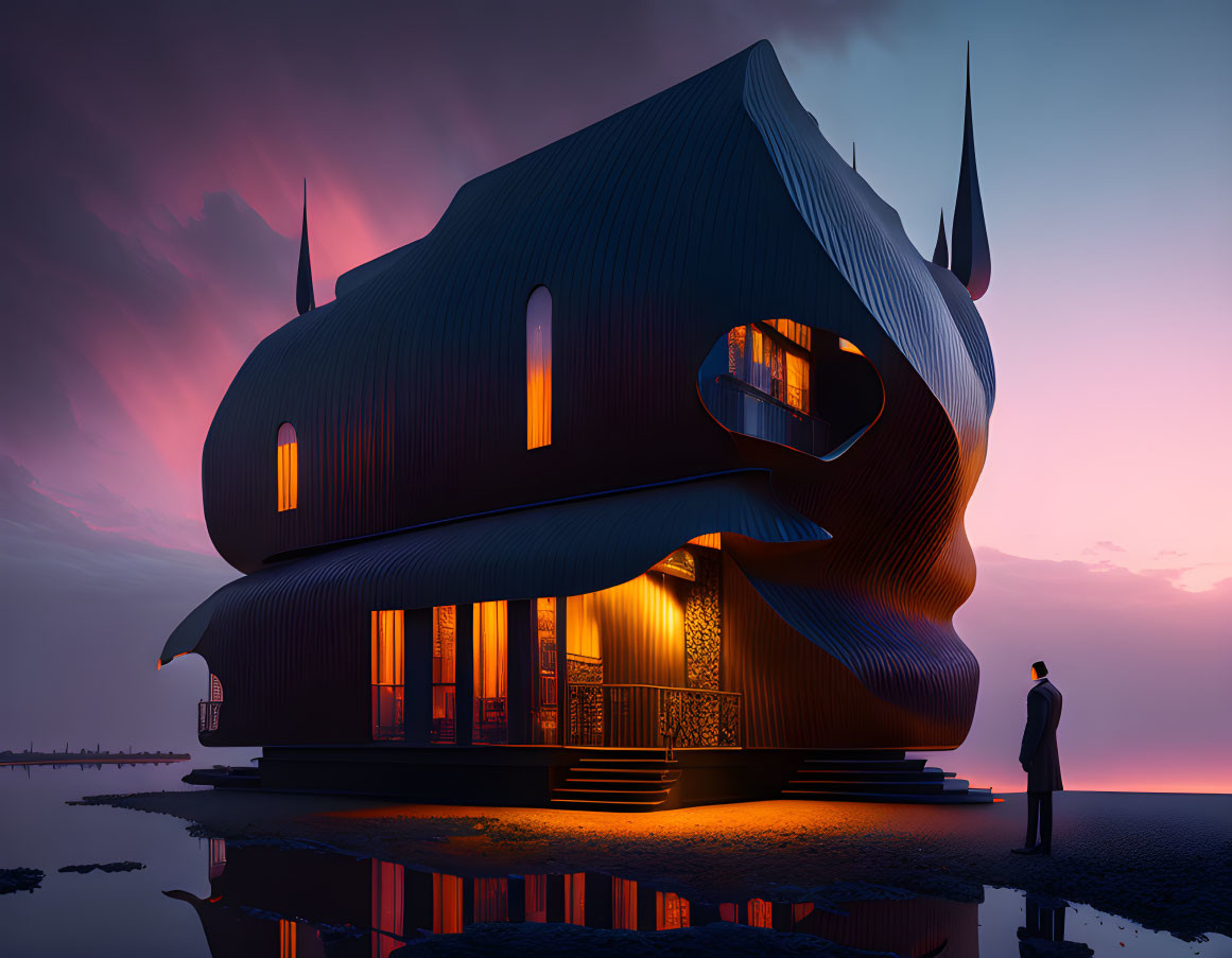 Twilight scene: Person near glowing, surreal cat-shaped building by water