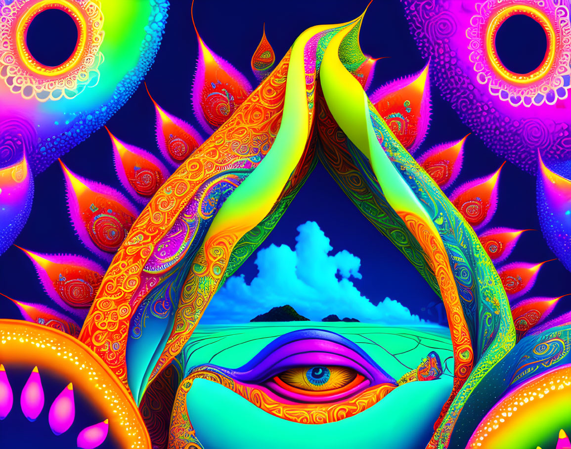 Colorful Psychedelic Eye in Swirling Patterns Over Ocean and Sky