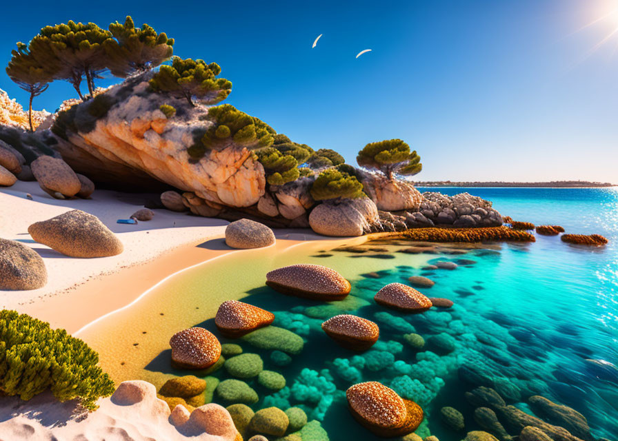 Scenic beach landscape with blue water, sandy shore, moss-covered rocks, greenery, and clear