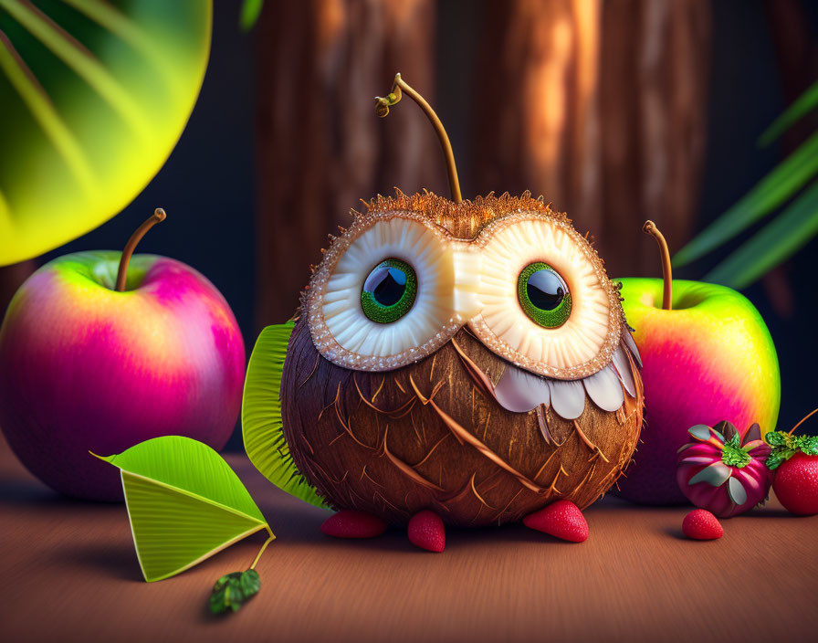 Colorful Owl Illustration Surrounded by Fruits and Leaves