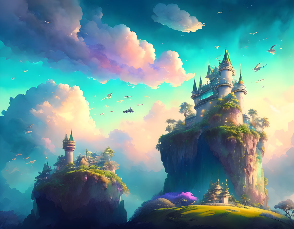 Fantastical scene: Castles on cliffs, colorful sky, birds, airships