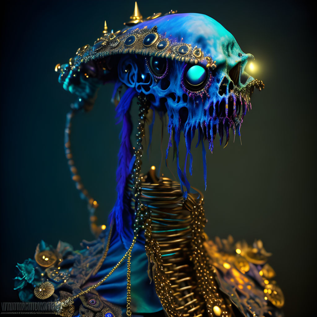 Digital Artwork: Skeletal Figure with Blue Skull and Golden Crown