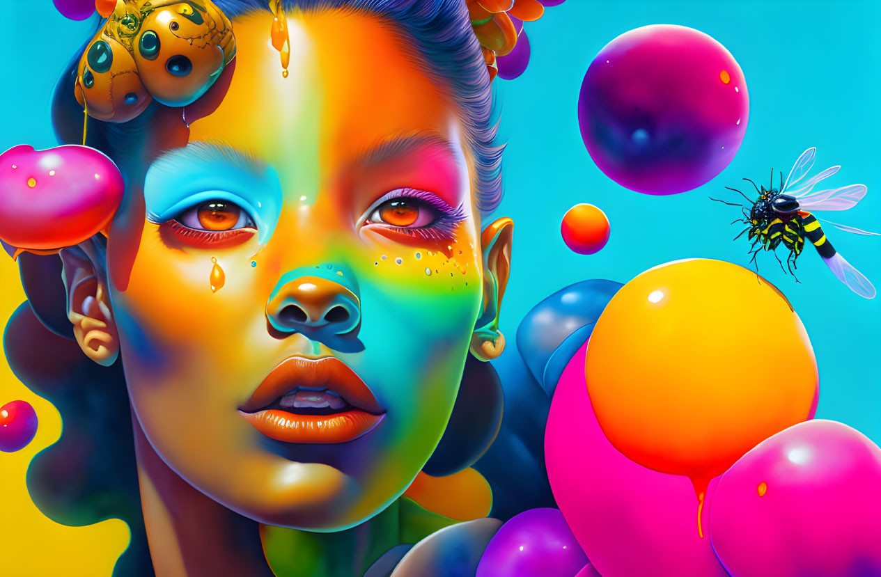 Colorful close-up illustration: Woman's face with paint, bubbles, bee, and melting elements