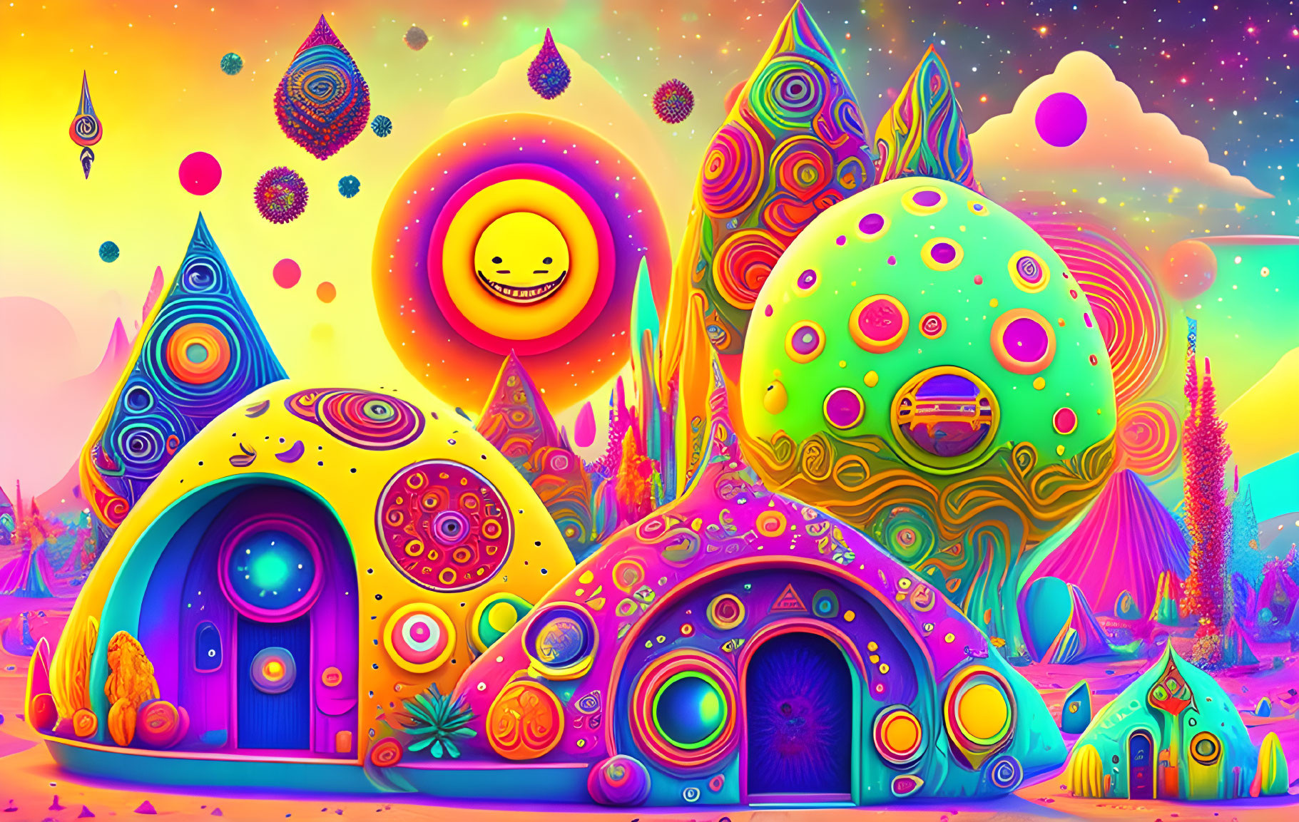 Colorful Psychedelic Landscape with Whimsical Structures and Planets