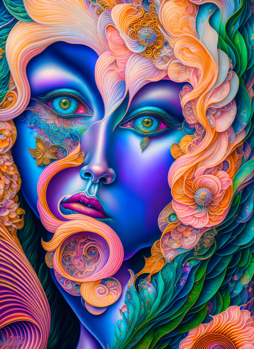 Colorful stylized female face with blue skin and floral patterns.