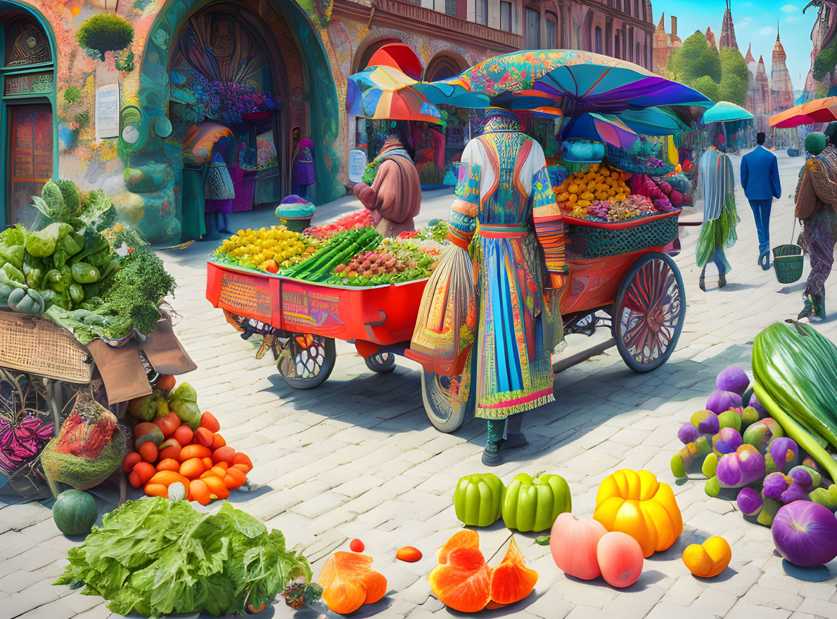 Colorful Street Market Scene with Traditional Attire and Ornate Architecture