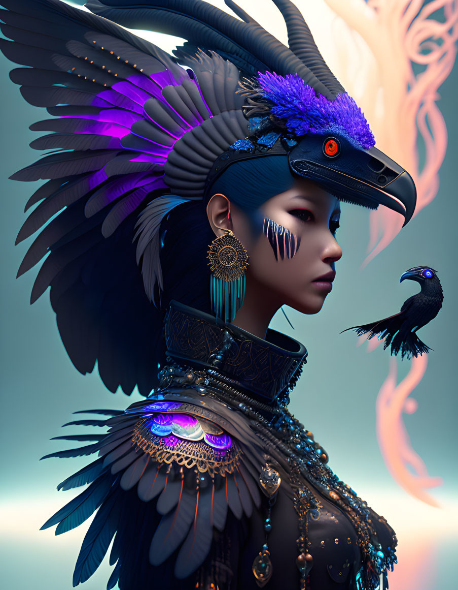 Digital art portrait of a woman with raven-inspired headdress, tribal makeup, and mystical aura next