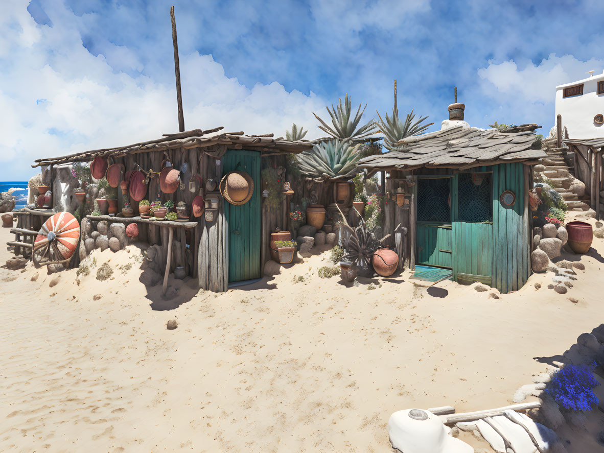 Desert Dwelling with Wooden Doors and Cacti Pottery under Blue Sky