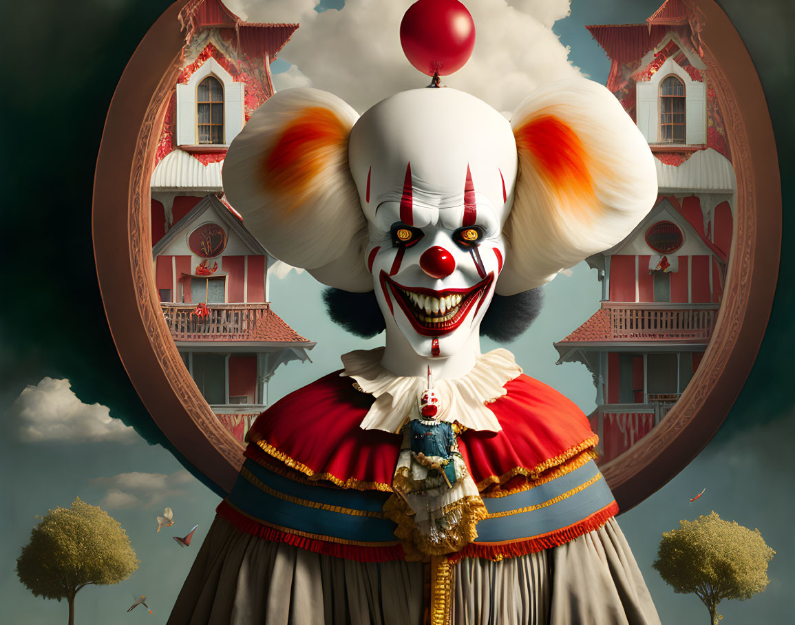 Clown with balloon in front of whimsical house under cloudy sky