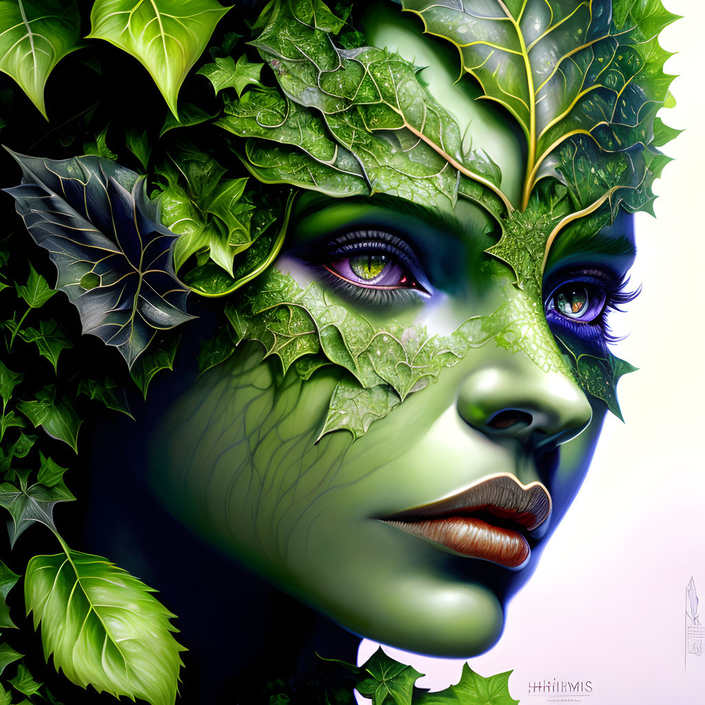 Fantasy-themed digital art: Woman with green skin and ivy leaves.