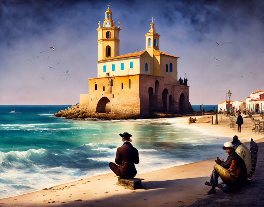 Scenic beachfront with historic church, two people, waves, birds on sunny day