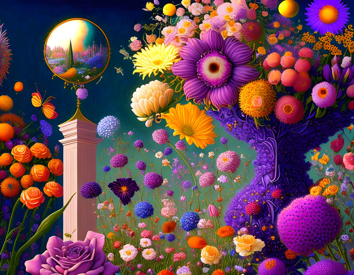 Colorful Stylized Flowers with Fantasy Landscape in Bubble