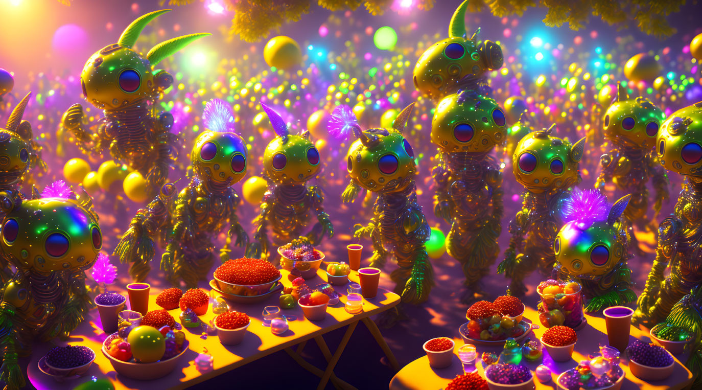 Colorful Alien Creatures Feast on Fruits Under Bright Lights