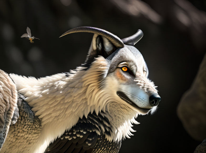 Wolf and Goat Hybrid Creature with Horns and Orange Eyes Alongside Flying Bee