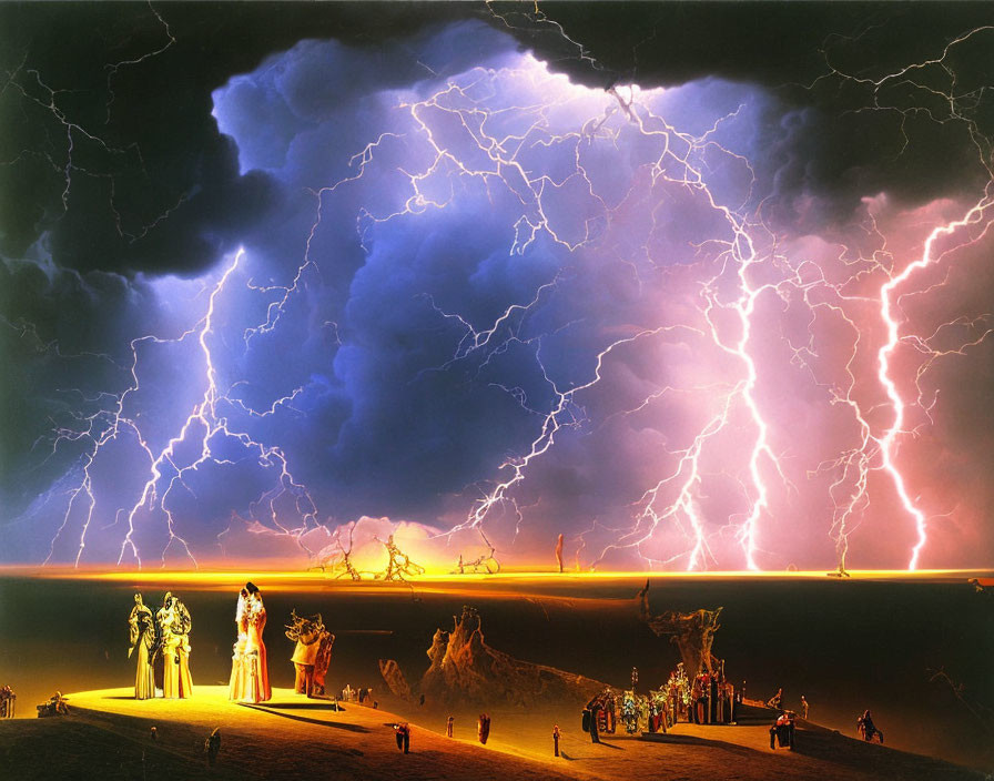 Intense lightning illuminates figures in desert during storm