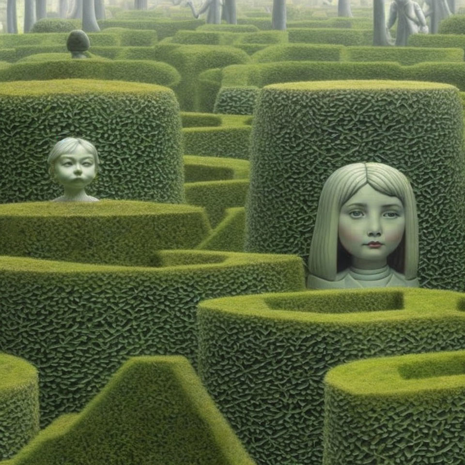 Maze with Sculpted Hedge Faces in Gray Atmosphere