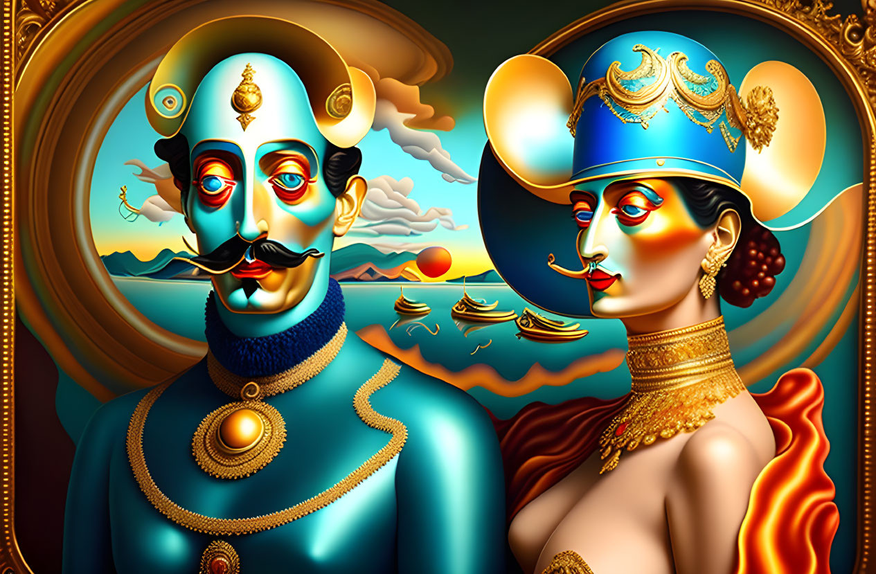 Surreal illustration of man and woman with multiple eyes and ornate headgear against sunset sea.