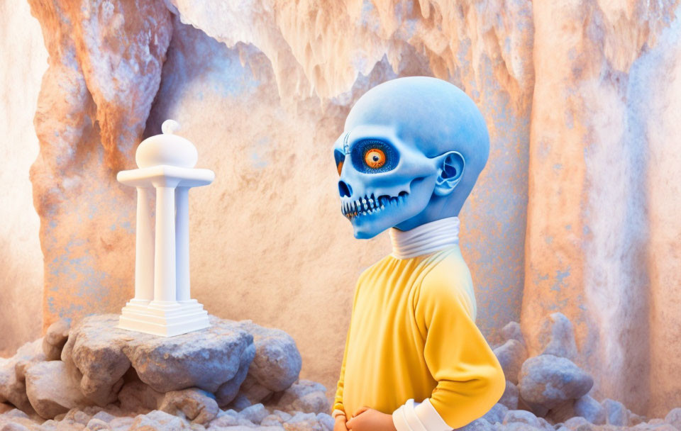 Blue-skulled figure with orange eye and chess pawn in cave setting.