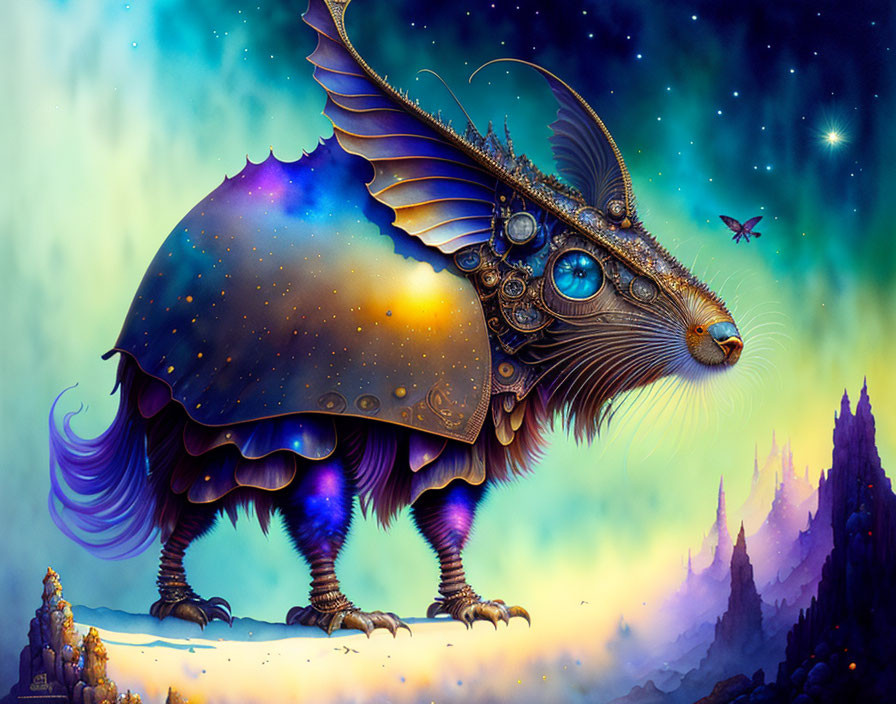 Cosmic-patterned cat creature with mechanical wings under starry sky