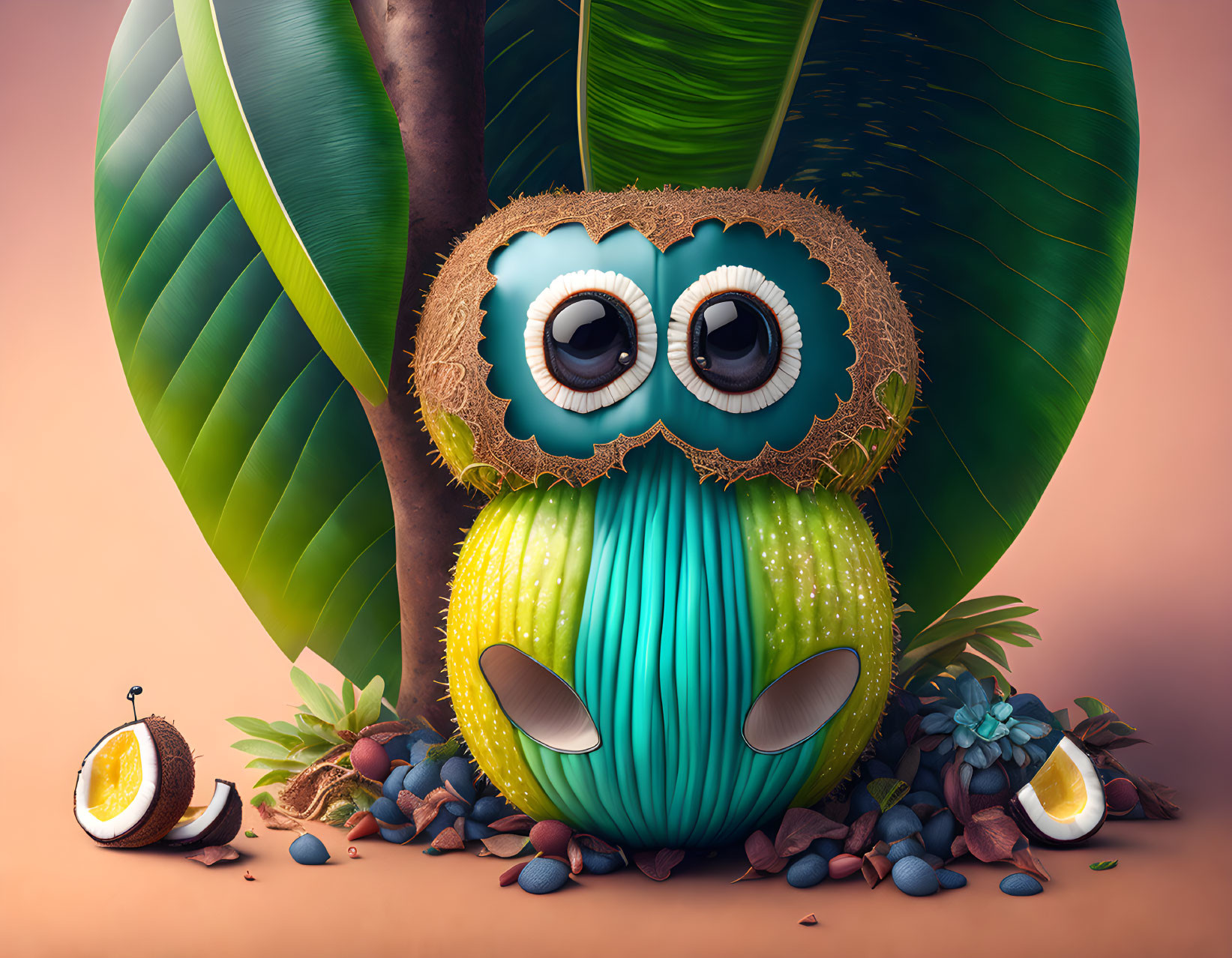 Whimsical owl-like creature made from kiwi slices and coconut in a fruity setting