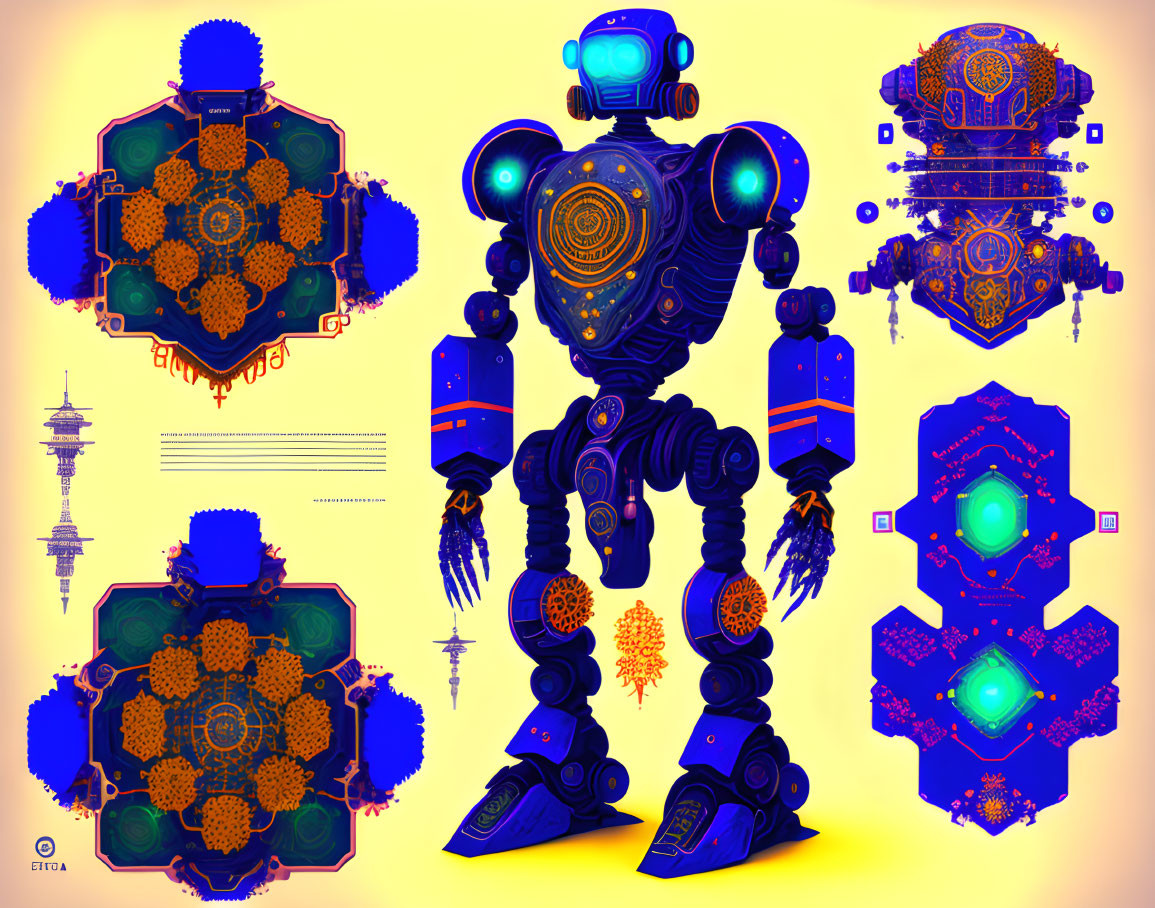 Detailed Blue and Gold Robot Illustration with Glowing Elements