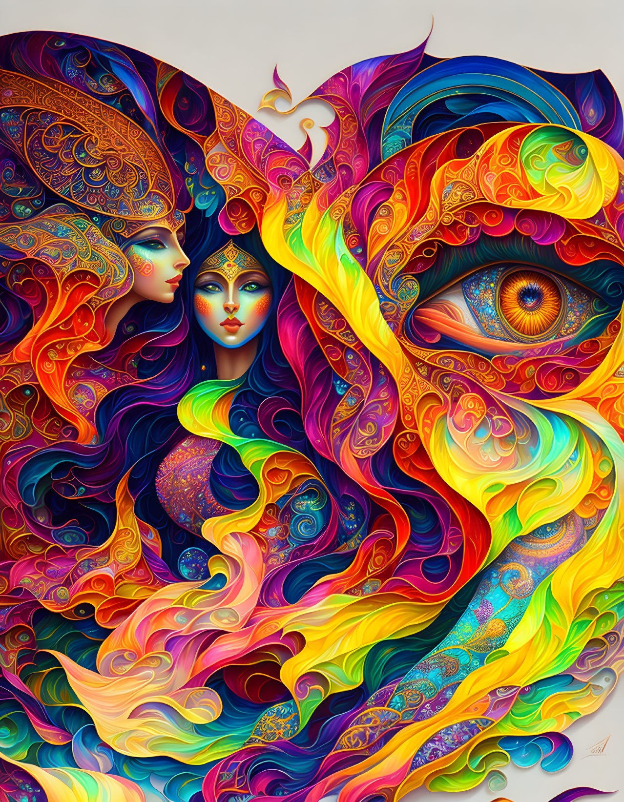 Colorful Psychedelic Art: Woman's Profile and Eye with Swirling Patterns