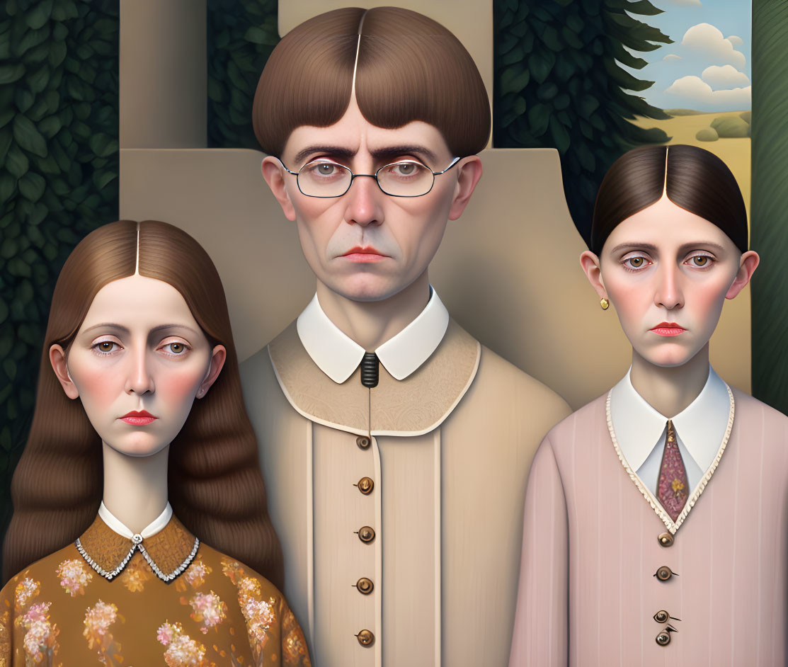 Stylized family figures in modern pastoral landscape