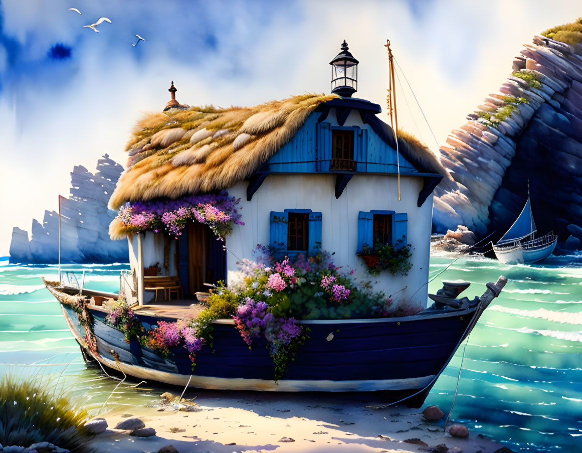 Thatched roof boat lighthouse on serene beach