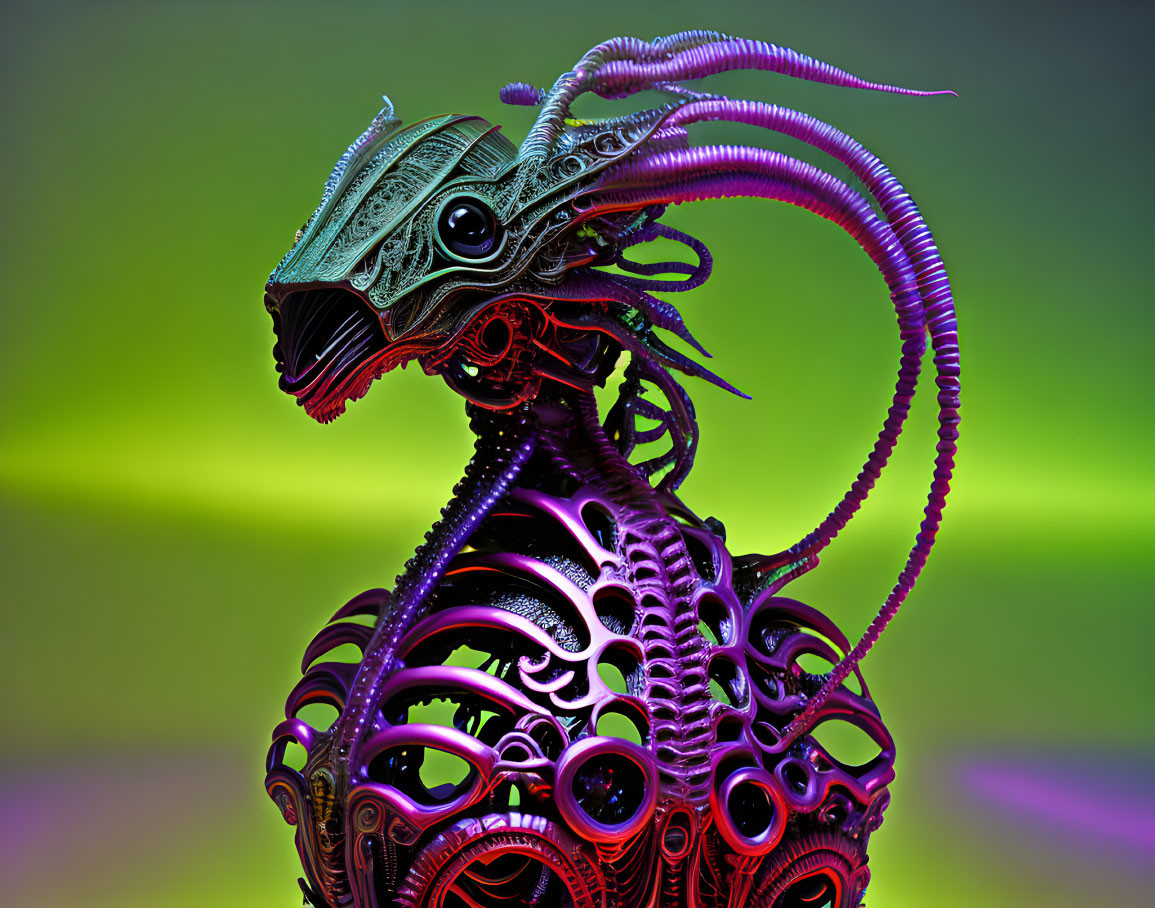 Intricate 3D-rendered mechanical creature on vibrant background