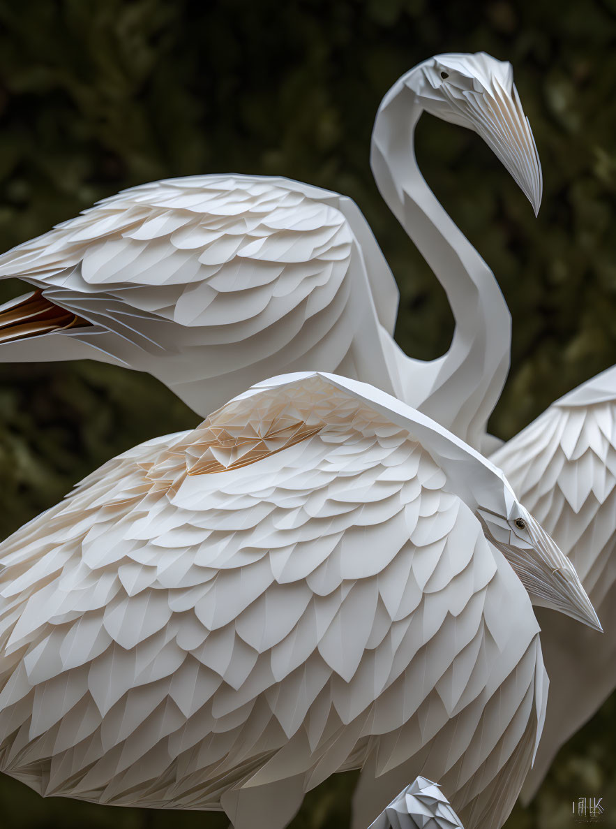 Detailed Paper Art Sculpture of White Cranes on Green Background