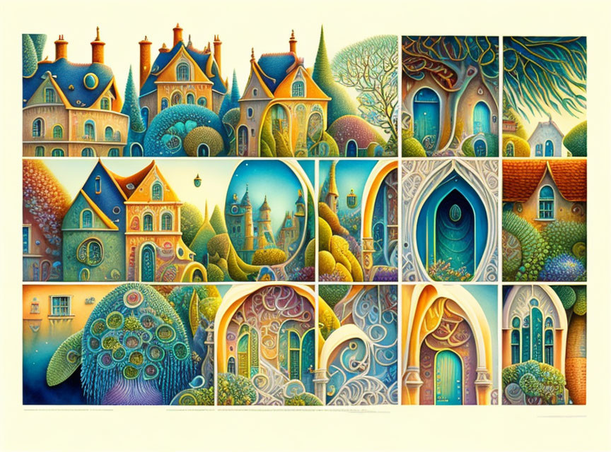 Whimsical painting of imaginative houses and trees