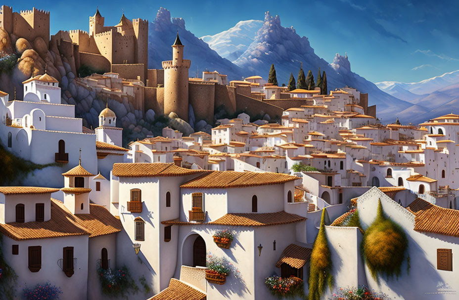 Whitewashed Fantasy Village with Red-Tiled Roofs & Stone Castle