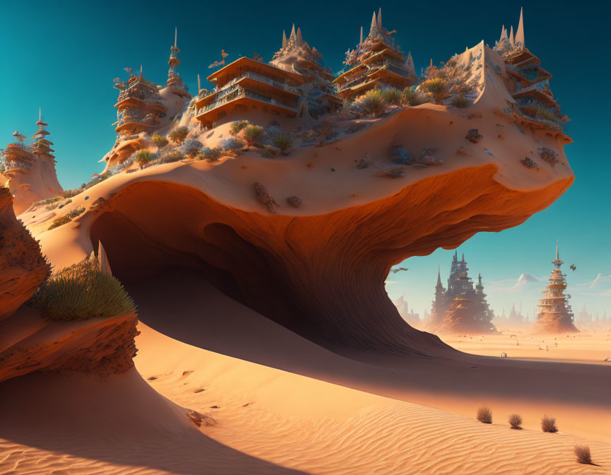 Fantastical desert landscape with ornate buildings on mushroom-shaped rocks