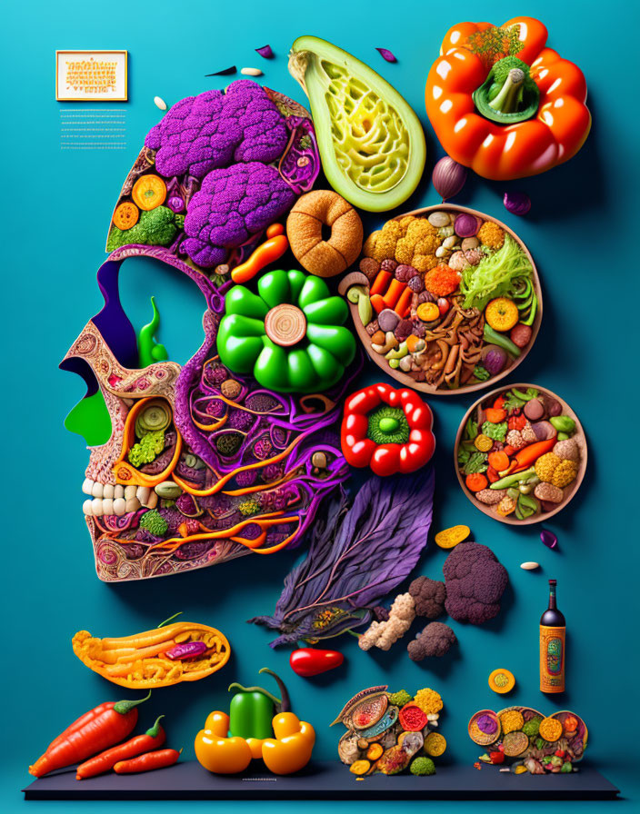 Colorful Human Profile Using Fruits, Vegetables, and Grains